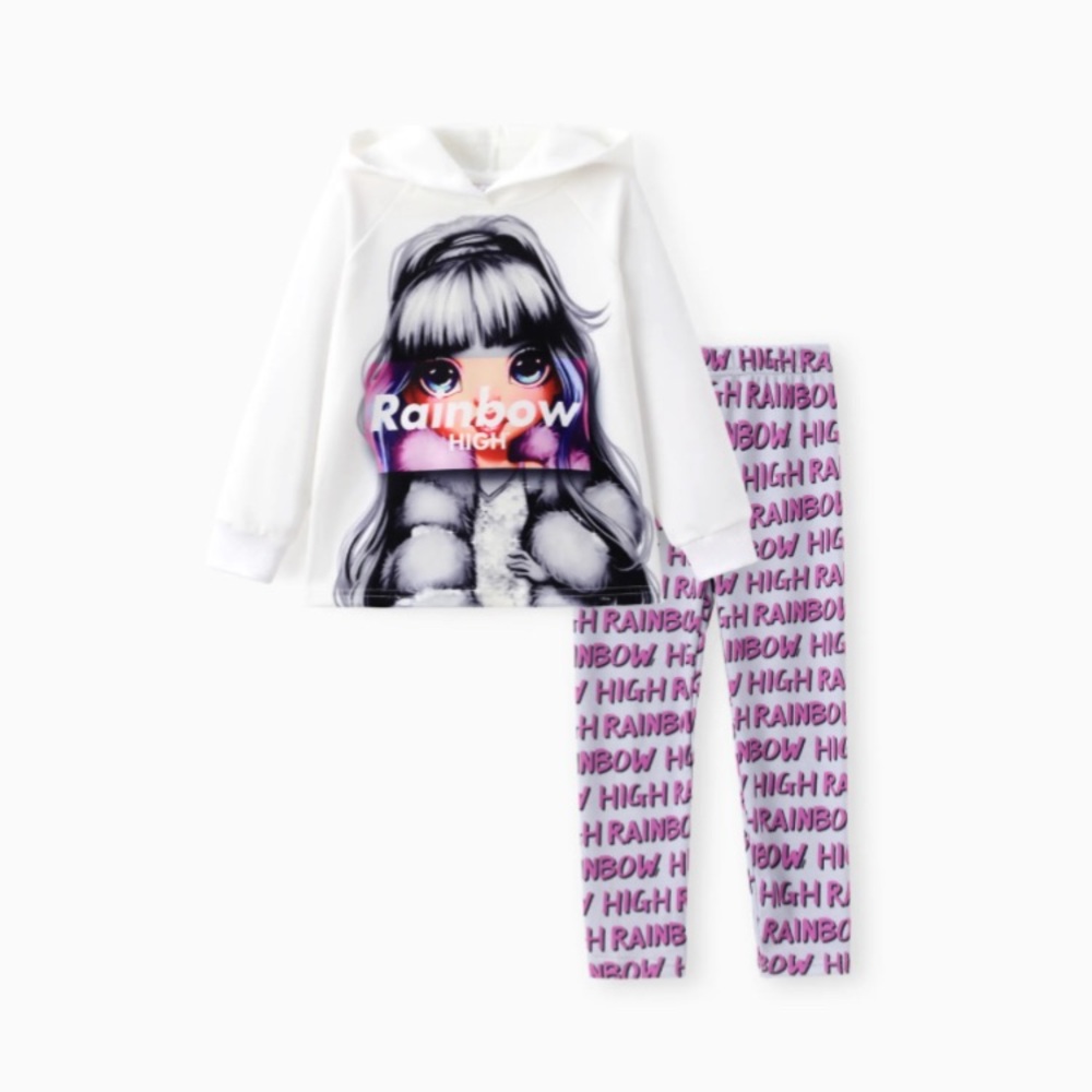 Rainbow High Girl 2pcs Violet Letter Pattern Hoodies And Leggings Set